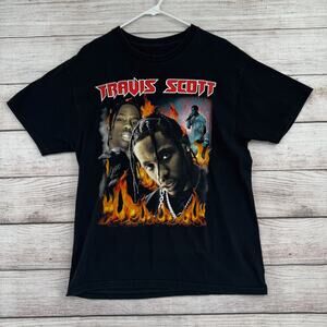Travis Scott Fire Logo Short Sleeve T-Shirt Men's Size Large Black
